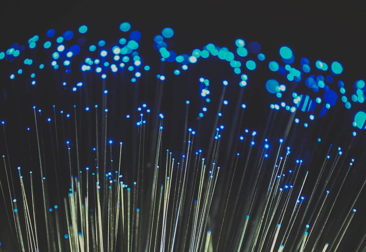 Glowing fiber optic strands representing a GPON passive optical network